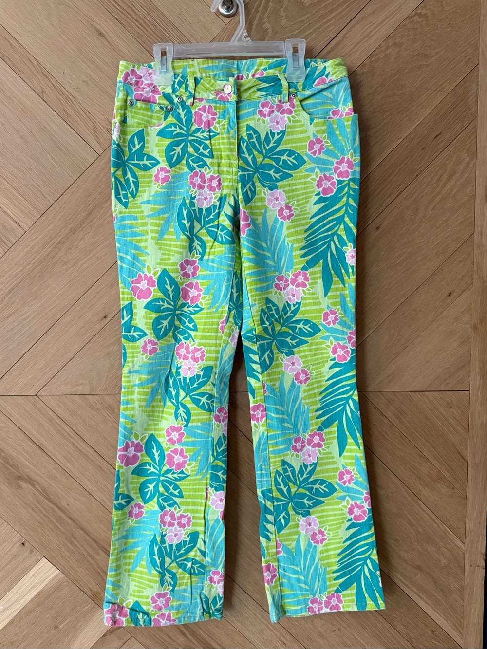 Lilly Pulitzer Neon Lime Tropical Floral Flare Pants